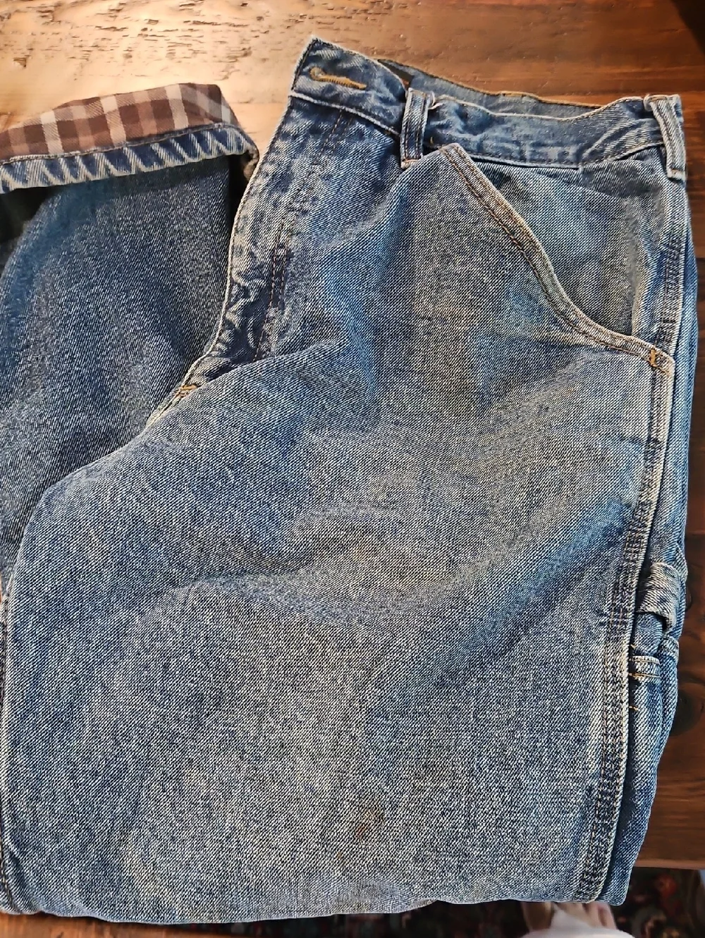 Guide Gear Casual Blue Denim Carpenter Jeans with Cuffed Plaid Lining